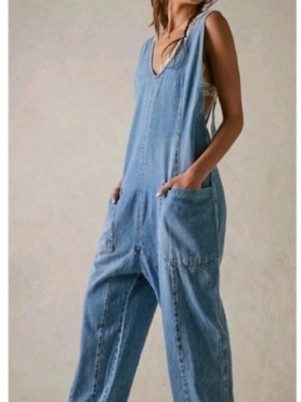 We The Free Light Blue Denim Utility Jumpsuit Size Small